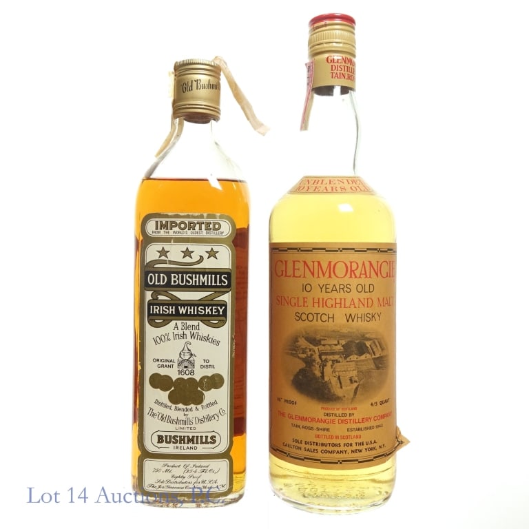 Glenmorangie 10 Yr Scotch, Old Bushmill's Whiskey: Two (2) bottles of Whisk(e)y. Glenmorangie 10 year Unblended Single Malt Scotch Whisky, 4/5 quart, 86 proof, sealed, though most of tax strip is missing. Old Bushmill's Irish Whiskey, 750ml, 80 proof.