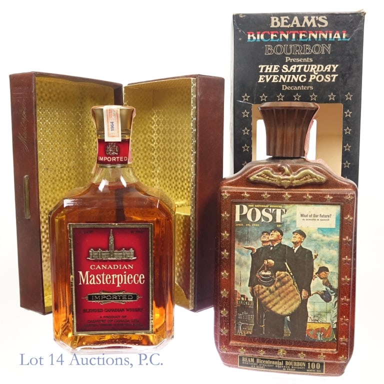 1976 Beam Bourbon & 1964 Canadian Masterpiece (2): Two (2) bottles of Whiskey / Whisky. 1 - 1976 Jim Beam Bourbon in Saturday Evening Post bottle and Bicentennial box. 100 months old, 80 proof, 4/5 quart with intact Series 112 tax strip. 2 - 1964 Cana