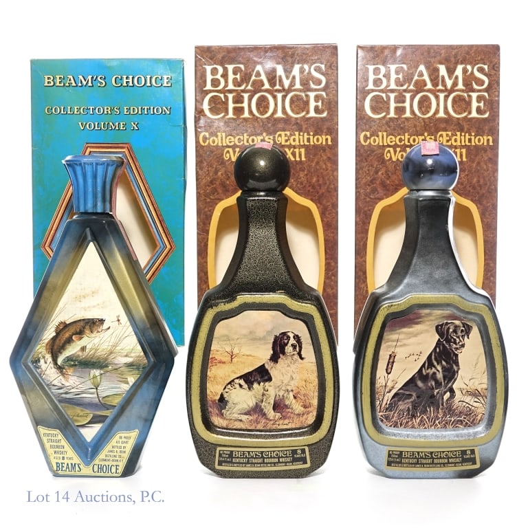 Beam's Choice 8 Yr. Bourbon Lockhart Decanters (3): Three (3) Beam's Choice 8 year old Bourbon Whiskey Lockhart decanters. The Labrador Retriever and Springer Spaniel decanters are 80 proof. The Largemouth Bass decanter is 86 proof. All decanters are 4