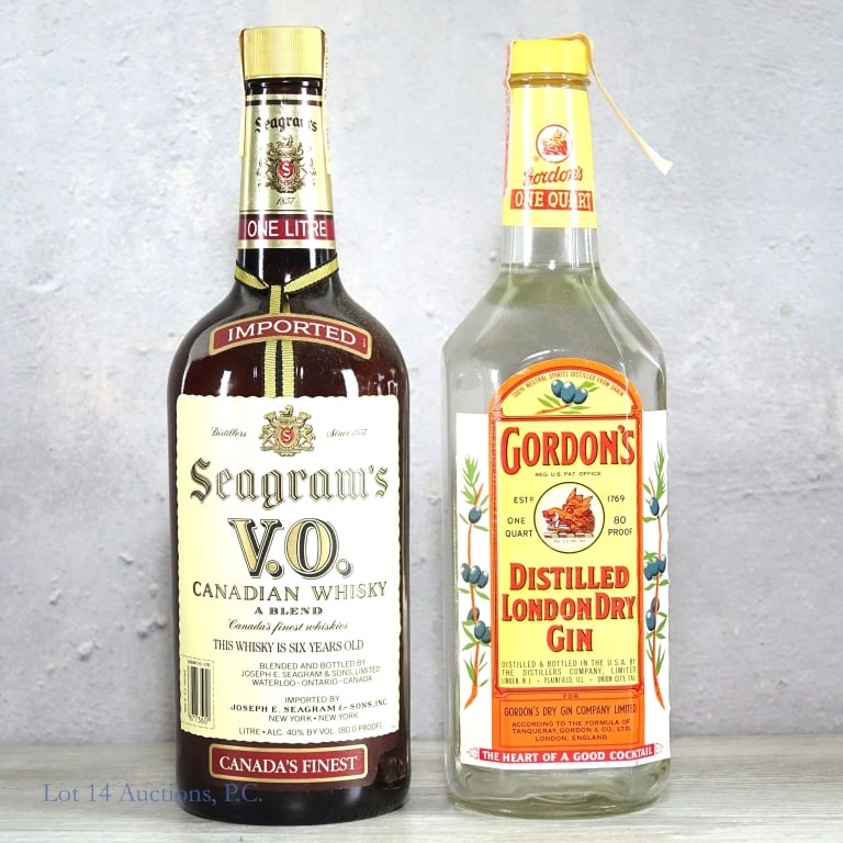 1985 Seagram's VO Whisky, 70s Gordon's Dry Gin: 1 bottle 1985 Seagram's VO Canadian Whisky, 80 Proof, 1L. Tax strip intact. 1 bottle 70s Gordon's Distilled London Dry Gin, 80 Proof, 1 Quart. "77" moulding on the bottom. Tax strip intact.
