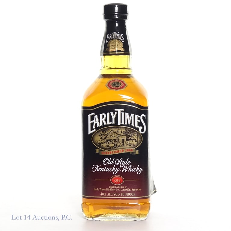 1990s Early Times Old Style Kentucky Whisky: Early Times Old Style Kentucky Whisky, 80 Proof, 750 ml. "96" glass molding. Aged: at least 36 Months in reused cooperage. Tear on the side of the label.