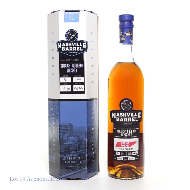 Nashville Barrel Company 9 Yr SB Bourbon: Nashville Barrel Company Single Barrel Bourbon, 109.3 Proof, 750 ml, aged 9 years, Barrel #754. Box included.