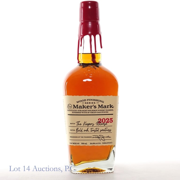 Maker's Mark "Keeper's Release" (2025) Bourbon: Maker's Mark Kentucky Straight Bourbon Whisky, Barrel finished with 10 virgin 0ak staves. "The Keeper's Release", release 2 of 5, Feb. 2025. 109.2 proof, 750ml.