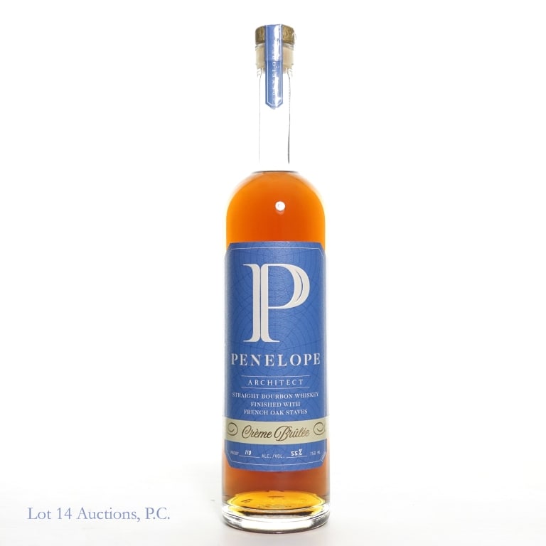 Penelope Architect Series: Creme Brulee Bourbon: Penelope Architect Creme Brulee Straight Bourbon Whiskey finished with French Oak Staves. 110 Proof, 750 ml. Aged 5 years, Complex Stave.
