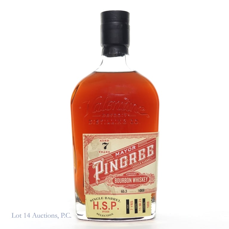 Mayor Pingree Single Barrel Bourbon 7 Years: Mayor Pingree single barrel bourbon whiskey, aged 7 years. 130.6 Proof, 750ml. Date 11.30.23. Cask No. 1008.