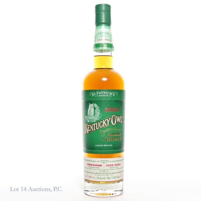 Kentucky Owl St. Patrick's Edition Bourbon: Kentucky Owl St. Patrick's Limited Edition Bourbon, 100 Proof, 750 ml, Release #1, Collaboration by Louise McGuane and John Rhea.