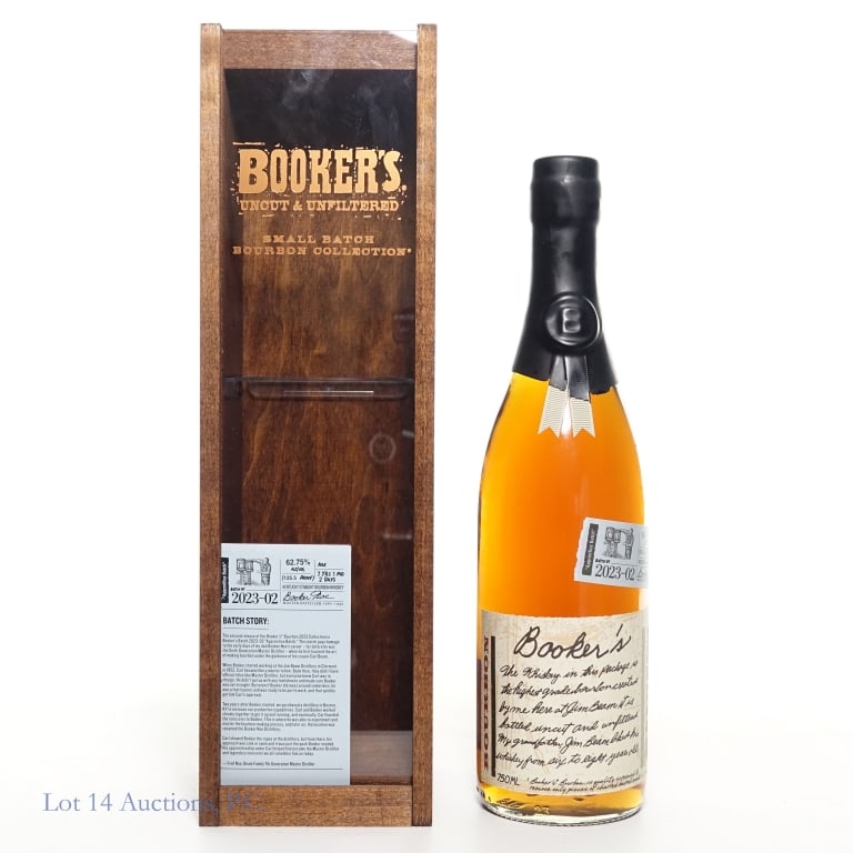 Booker's Small Batch Bourbon (2023-02): Booker's Small Batch Bourbon, Apprentice Batch, 125.5 Proof, 750 ml, Batch #2023-02, Aged: 7 Years, 1 Month, 2 Days. Wooden box included.