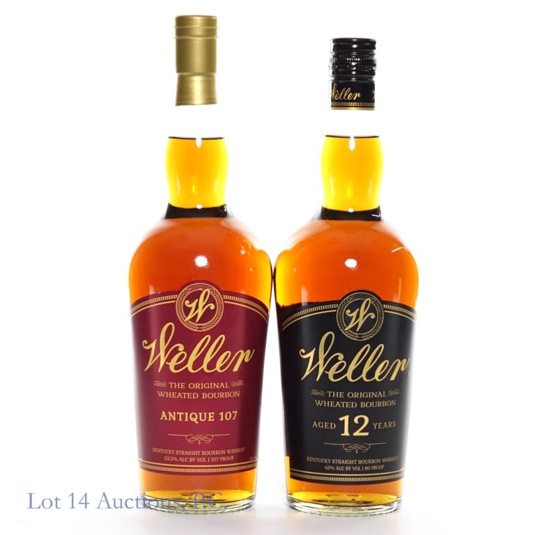 Weller 12 Year & Weller Antique 107 Bourbon (2): Two (2) Bottles of Weller Bourbon. Weller original wheated Kentucky straight bourbon whiskey. 12 years. 45% ABV (90 Proof). 750 ml. Etch: L25160 0105:48B. Weller Antique 107 Kentucky straight bourbon