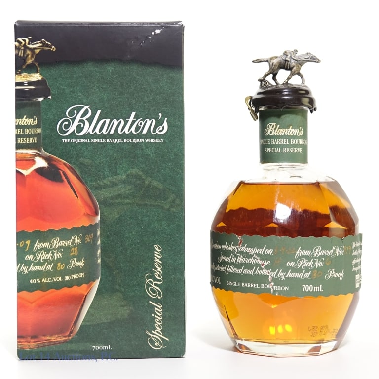 Blanton's Green Label Single Barrel Bourbon "N:": Blanton's Green Label Single Barrel Special Reserve Bourbon, 80 Proof, 700 ml, Letter: N:, Dump Date: 8-9-22, Barrel #1919, Bottle #41, Warehouse H, Rick 6. Box included. Horse and rider are oxidized 
