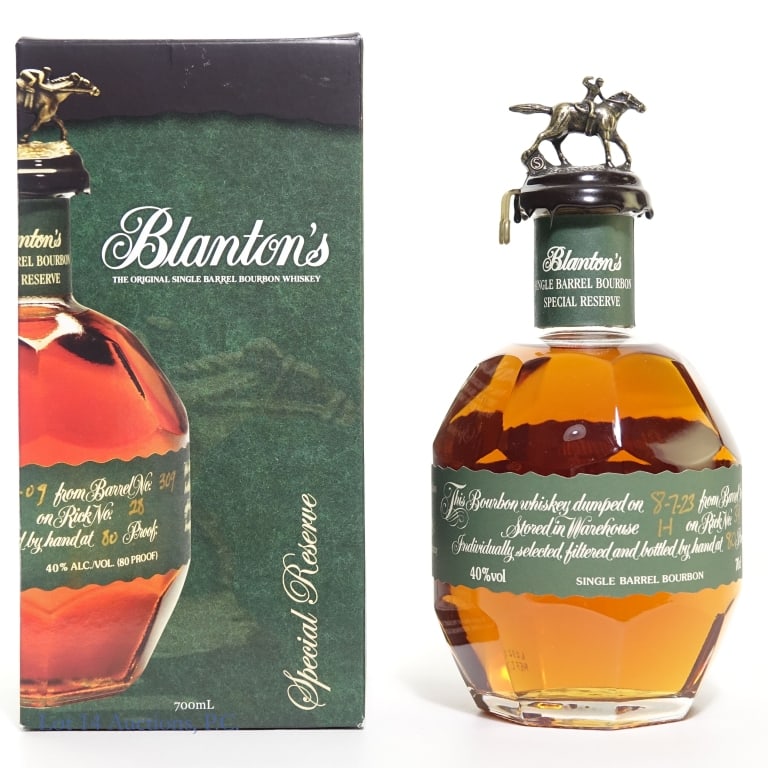 Blanton's Green Label Single Barrel Bourbon "S": Blanton's Green Label Single Barrel Special Reserve Bourbon, 80 Proof, 700 ml, Letter: S, Dump Date: 8-7-23, Barrel #115, Bottle #190, Warehouse H, Rick34. Box included. Wax seal has a crack, and is l