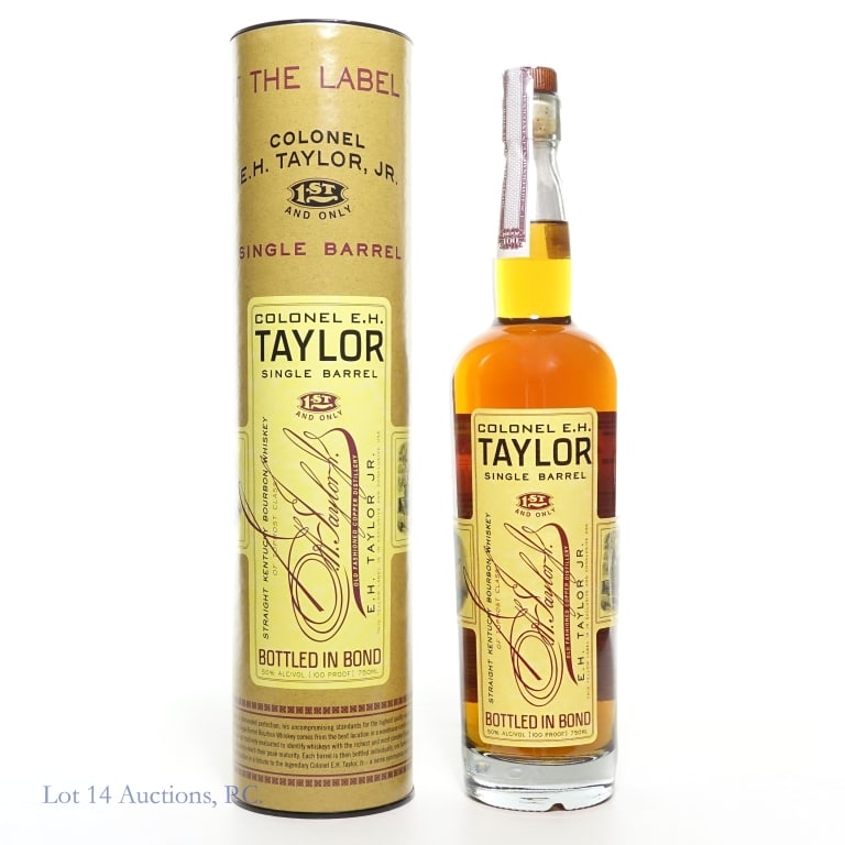 Col. E.H. Taylor Single Barrel Bourbon: Colonel E.H. Taylor single barrel straight Kentucky bourbon whiskey. Bottled in bond (100 proof). 750 ml. Laser code L222660107:45J. Original canister.