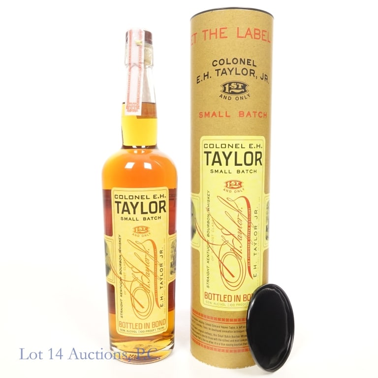 Col. E. H. Taylor Small Batch Bonded Bourbon *: 2025 Colonel E. H. Taylor Small Batch Bottled in Bond Kentucky Bourbon Whiskey. 100 proof, 750ml. Cylinder bottom is broken.
