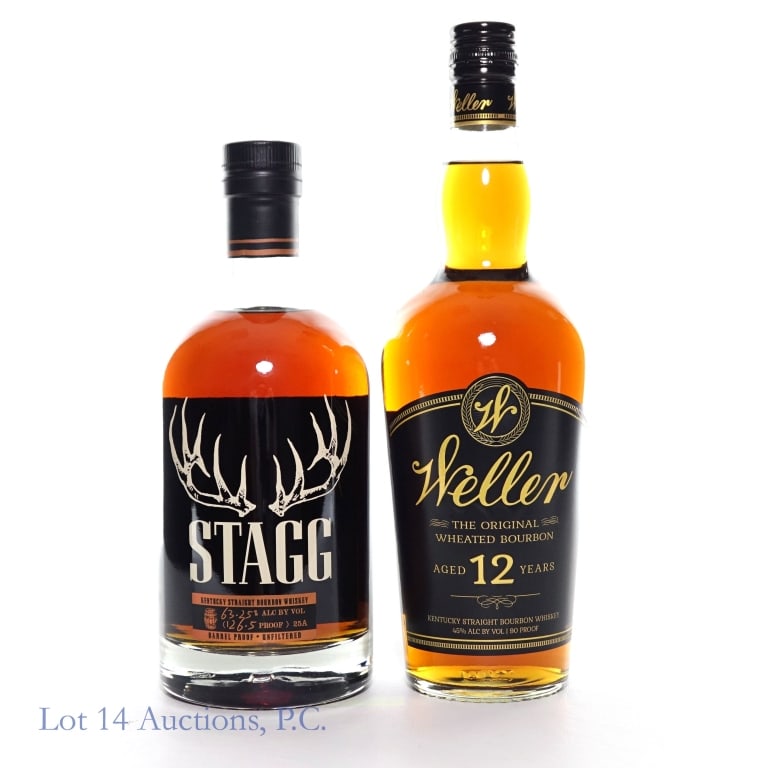 Stagg Barrel Proof, Weller 12 Year Bourbon Whiskey: Stagg Kentucky straight bourbon whiskey - Batch 25A. Barrel proof - 63.25% ABV (126.5 Proof). 750 ml. Etch: * 515801 06:41D. Weller original wheated Kentucky straight bourbon whiskey. 12 years. 45% AB