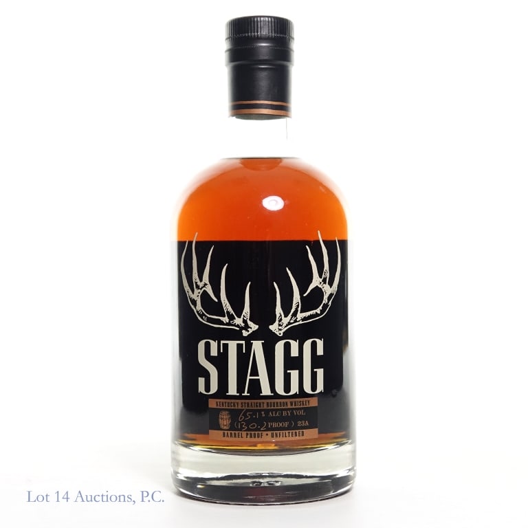 Stagg Barrel Proof Bourbon (Batch 23A, 130.2 pf): Stagg Barrel Proof Bourbon , 130.2 Proof, 750 ml, Batch #23A. Etch: L230 04 01 09 35 D.