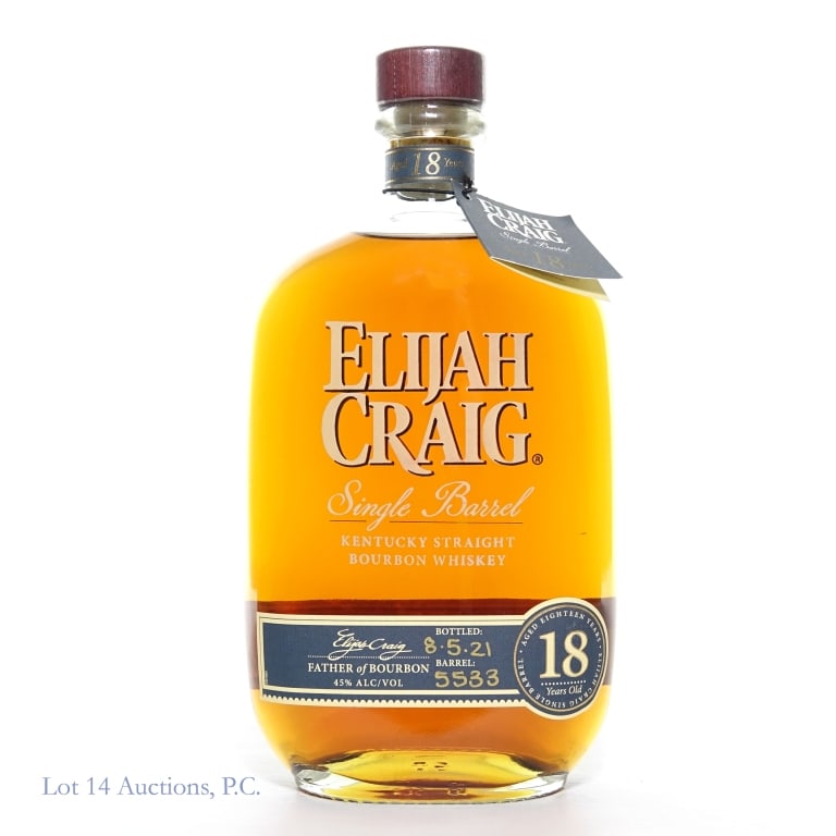 Elijah Craig 18 Year Single Barrel Bourbon (2021): Elijah Craig single barrel Kentucky straight bourbon whiskey - bottled 8-5-21. 18 years. 45% ABV (90 proof). 750 ml. Barrel No. 5533. Etch: H2171 1717. Neck tag present.