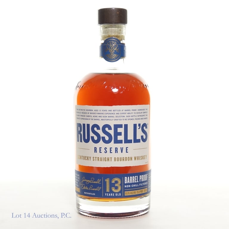 Russell's Reserve 13 Year Barrel Proof Bourbon: Russell's Reserve 13 Year Barrel Proof Bourbon (2025), 123.8 Proof, 750 ml, Laser Code: LANE08E0916, 2025/05/08.