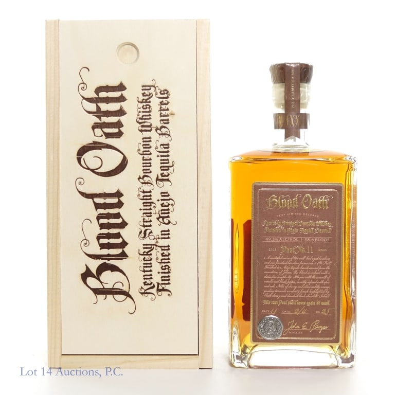 Blood Oath Pact No. 11 Bourbon (2025): Blood Oath Pact No. 11 Bourbon (2025), 98.6 Proof, 750 ml, Bottled: 02 / 04 / 2025. Wooden box included.
