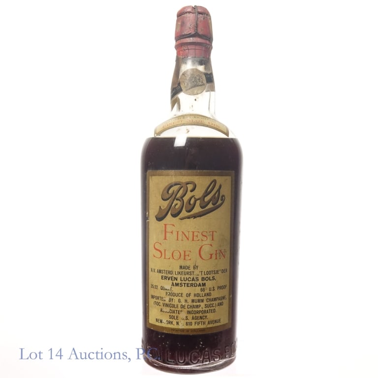 Erven Lucas Bols Finest Sloe Gin 25/32 Qt. 1930s?: Bols Finest Sloe Gin, Erven Lucas Bros. - Amsterdam. 25/32 Quart, 66 proof. Bottle moulding stamped "ERVEN LUCAS BOLS AMSTERDAM" at bottom of bottle. Some cloudiness and a little bit of sediment. Our 