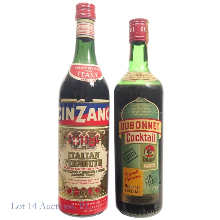 Cinzano Vermouth & Dubonnet Rouge Cocktail (2): Two (2) bottles. Cinzano Italian Vermouth, 4/5 quart, 16%abv. High shoulder fill. Dubonnet Cocktail, made with distilled Dry Gin. Series 112 Tax strip is torn, but the cap is still intact. 47.6 proof,