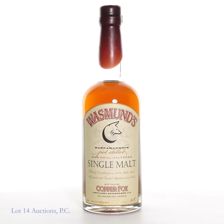 Copper Fox Wasmund's Single Malt Whiskey: Copper Fox Wasmund's Rappahannock Pot Stilled Single Malt Whiskey. 96 Proof, 750ml. Batch No. 215. Horizontal crack in wax seal approximately half way around.
