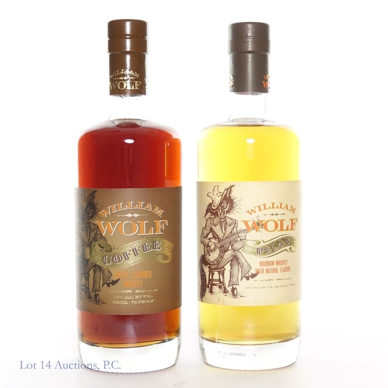 William Wolf Pecan & Coffee Whiskey (2): William Wolf pecan & coffee whiskey (2). Pecan bourbon whiskey is 60 Proof, 750ml. Coffee whiskey is 70 Proof, 750ml.