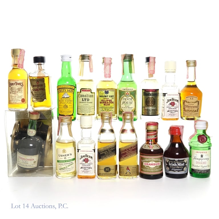 Mini Bottles - Bourbon, Whiskey, Scotch (17): 17 mini bottles. Unless noted, all bottles are 1/10 pint. Inver House (82 proof, Bureau of ATF tax strip) *** Cutty Sark (86 proof, no tax strip, below shoulder fill) ***Canadian LTD (80 proof, Bureau