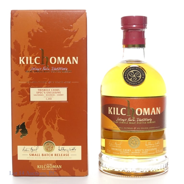 Kilchoman Triskele Casks Spec's Exclusive Whisky: Kilchoman Triskele Casks Spec's Exclusive Islay single malt Scotch whisky, 98.4 Proof, 750ml. Etch: SB 7/16/23 23/55. 1,260 bottles in batch. In original box.