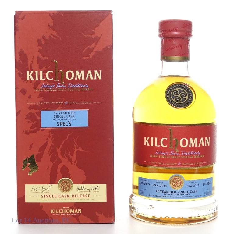 Kilchoman 12Yr. Single Cask Spec's Scotch Whisky: Kilchoman 12 year old Scotch Single Cask 322/2010 for Spec?s, 118 Proof, 750ml, cask number: 322 / 2010, date filled: 29.6.2010., date bottled: 29.6.2022., cask type: bourbon. In original box.