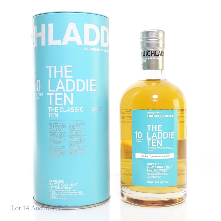 2012 Bruichladdich The Laddie Ten SM Scotch Whisky: Bruichladdich Distillers "The Laddie Ten" unpeated Islay single malt Scotch whisky. Bottled 2012. 10 years. 46% ABV (92 proof). 750 ml. Original metal cannister and literature (rougher condition lid).