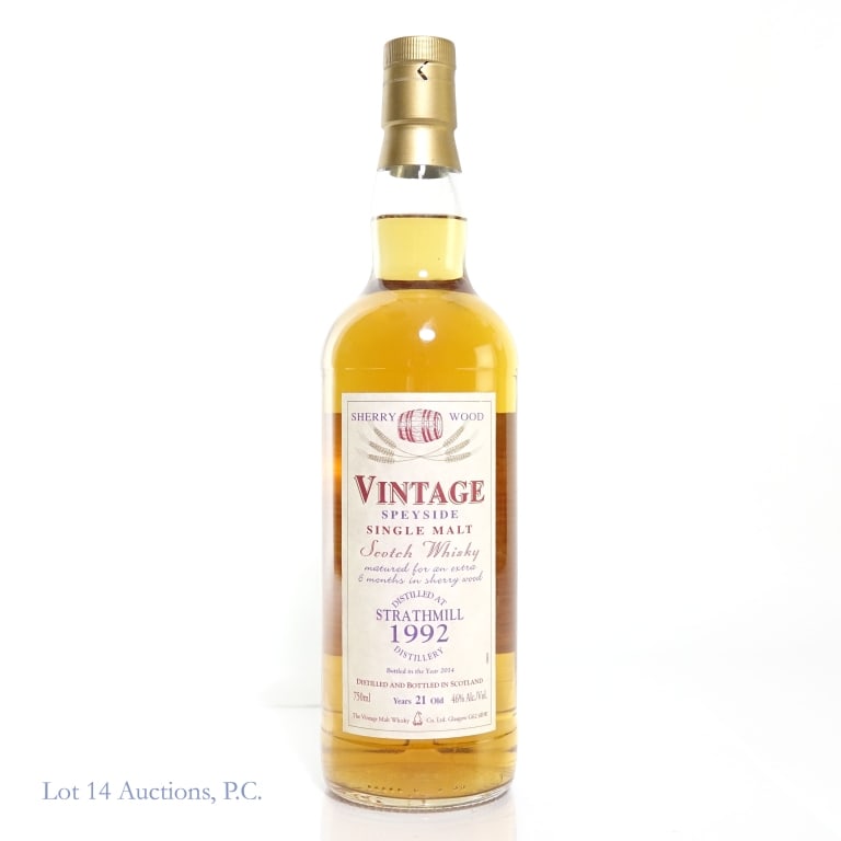 1992 Strathmill Vintage Speyside SM Scotch 21 Yr: Vintage Speyside single malt Scotch whisky. Distilled at Strathmill Distillery in 1992. Aged 21 years in sherry wood casks. 46% ABV (92 proof). 750 ml. Etch: L 24 06:14 1 21:00 BB.