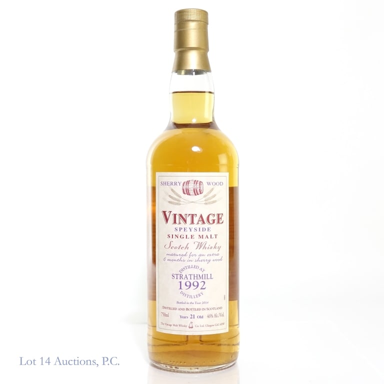1992 Strathmill Vintage Speyside SM Scotch 21 Yr: Vintage Speyside single malt Scotch whisky. Distilled at Strathmill Distillery in 1992. Aged 21 years in sherry wood casks. 46% ABV (92 proof). 750 ml. Etch: L 24 06:14 1 21:00 BB.