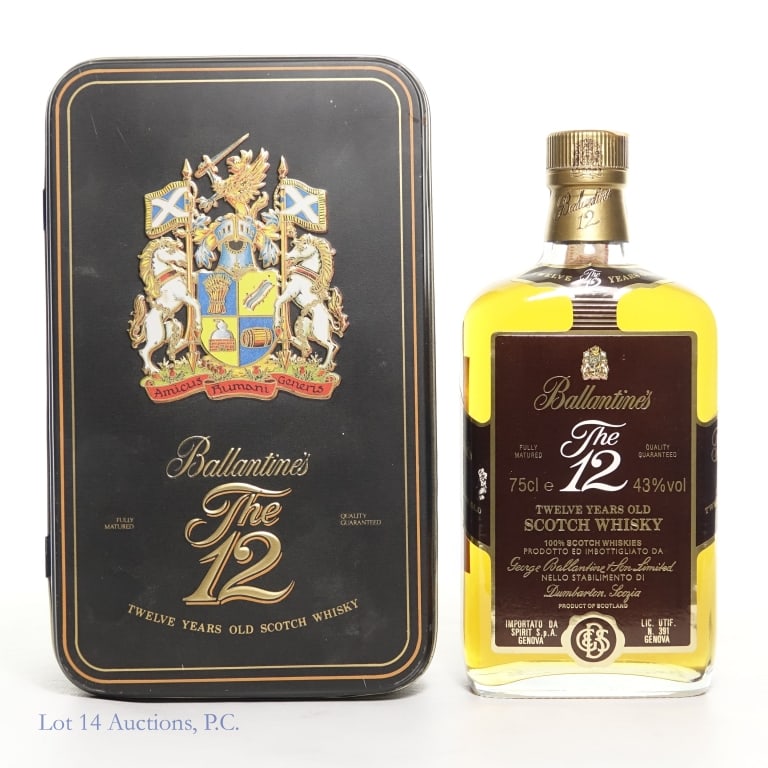 Ballantine's The 12 Scotch Whisky (Tin Gift Box): Ballantine's The 12, 12 years old scotch whisky, 43% ABV, 75cl. Italian tax label. In a tin gift box. Dents and scuffs on the box. Scuff on the label.