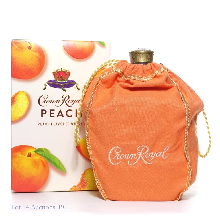 Crown Royal Peach Canadian Whisky: Crown Royal Peach Flavored Canadian Whisky, 70 Proof, 750 ml. Box and bag included.