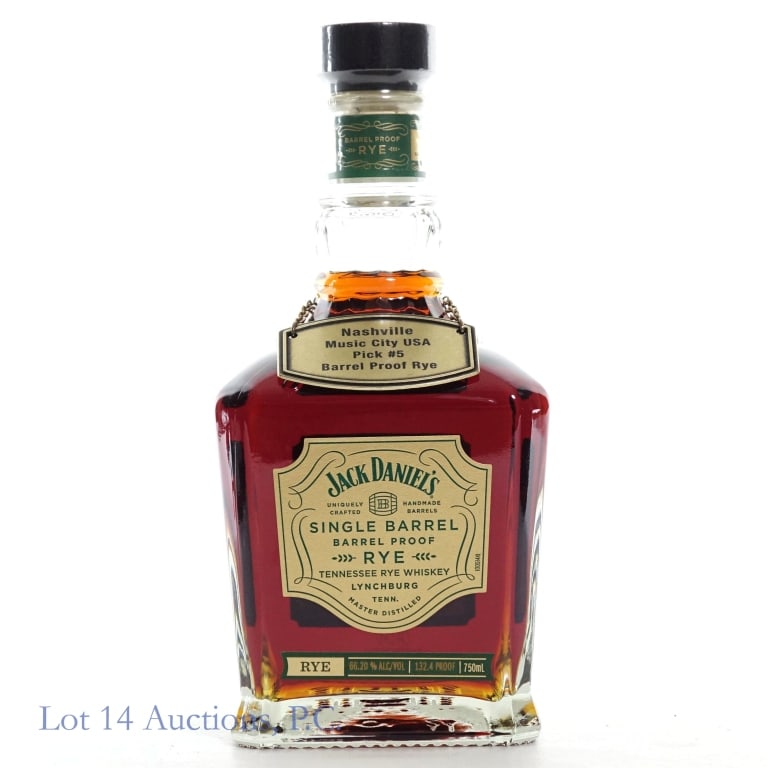 Jack Daniel's SB Barrel Proof Whiskey Pick (2024): Jack Daniel's Single Barrel Barrel Proof Tennessee Whiskey (2025), 132.4 Proof, 750ml. Barrel No: 25-25579, Bottled: 6-25-25. Music City USA Pick #5 metal neck tag included.
