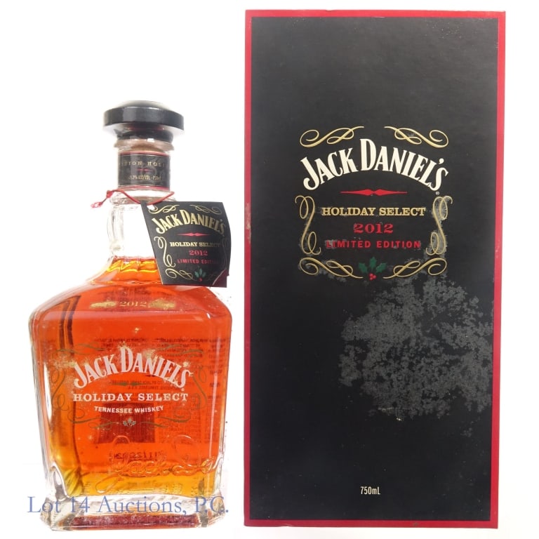 Jack Daniel's Holiday Select Tenn. Whiskey (2012): Jack Daniel's Holiday Select Limited Edition Tennessee Whiskey (2012), 90.4 Proof, 750 ml, Bottle #053045, Case included. Bottle is dirty on the outside, see photos for condition details.