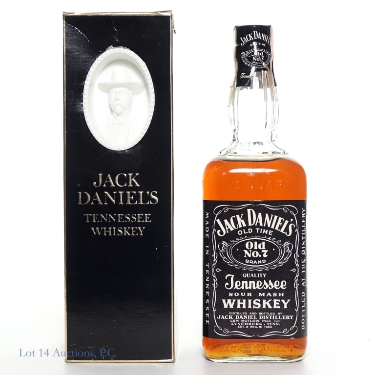 1967? Jack Daniel's Whiskey in Cameo Box: Jack Daniel's old time Old No. 7 Tennessee sour mash whiskey. 90 proof. 4/5 quart. Series 112 (Internal Revenue) tax strip (1960 - 1977). Has "67" embossed in the glass on the bottom. Comes in origina