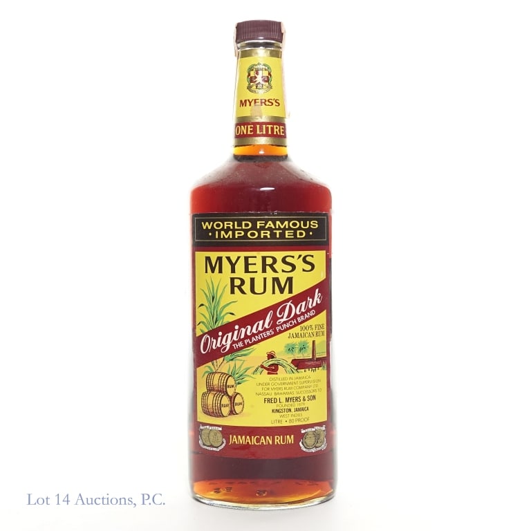 80s Myers's Original Dark Jamaican Rum (1L): 80s Myers's Original Dark Jamaican Rum, 80Proof, 1L. "85" moulding on the bottom. Tax label intact.