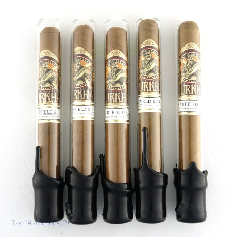 Gurkha Bourbon Collection Toro Cigars (5): Gurkha Bourbon Collection Toro Cigars, 6" x 50, Pack of 5, Collaboration with Hartfield & Co, Origin: Dominican Republic. Each cigar is in an individual glass tube with a wax seal.