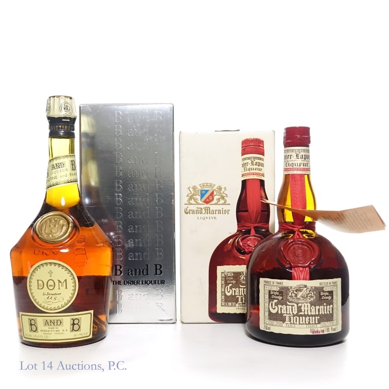 Dom B and B, Grand Marnier Liqueurs (2 x 750ml): 1 Dom B&B (Benedictine and Brandy), 80 Proof, 750ml, in original box. 1 Grand Marnier Liqueur, 80 Proof, 750ml, in original box.