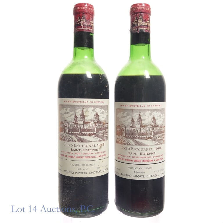 Chateau Cos d'Estournel,1966 Saint Estephe (2): Two (2) bottles. Chateau Cos d'Estournel,1966 Saint Estephe. 3/4 Quart, 12%abv. Please see photos for fill level and bottle, capsule, cork and label conditions. Per consigner, these bottles were store