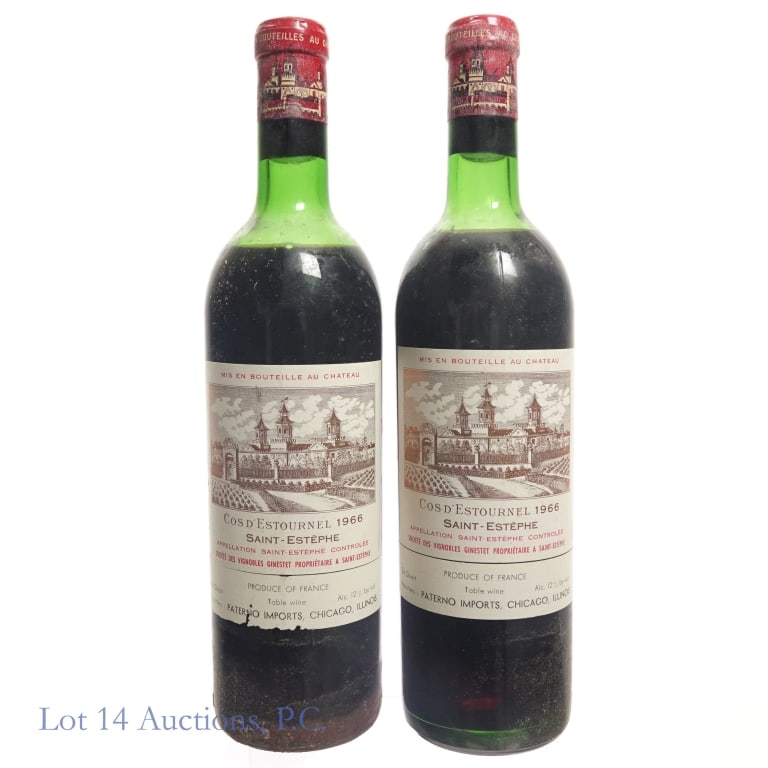 Chateau Cos d'Estournel,1966 Saint Estephe (2): Two (2) bottles. Chateau Cos d'Estournel,1966 Saint Estephe. 3/4 Quart, 12%abv. Please see photos for fill level and bottle, capsule, cork and label conditions. Per consigner, these bottles were store