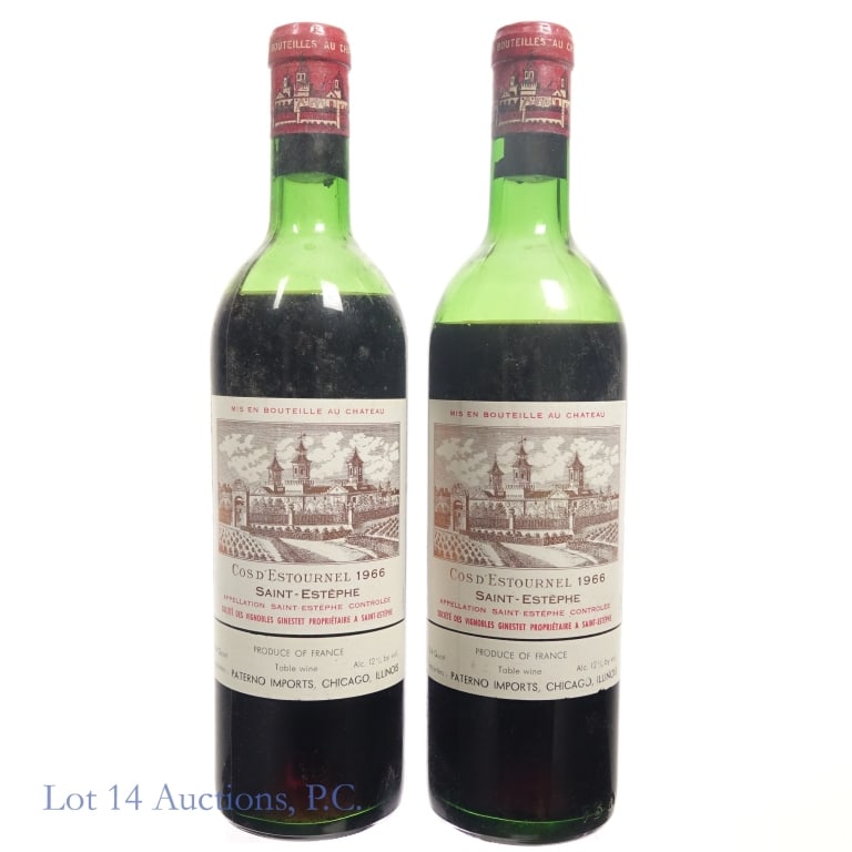 Chateau Cos d'Estournel,1966 Saint Estephe (2): Two (2) bottles. Chateau Cos d'Estournel,1966 Saint Estephe. 3/4 Quart, 12%abv. Please see photos for fill level and bottle, capsule, cork and label conditions. Per consigner, these bottles were store