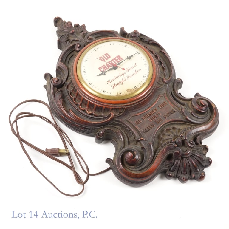 Old Charter Bourbon Whiskey Wall Clock, Runs: Old Charter Bourbon Whiskey Electric Wall Clock, Code # OC-A-13. Appears to be all original and vintage. Running, but not checked for accuracy. Dial has some staining and some small chips on the clock