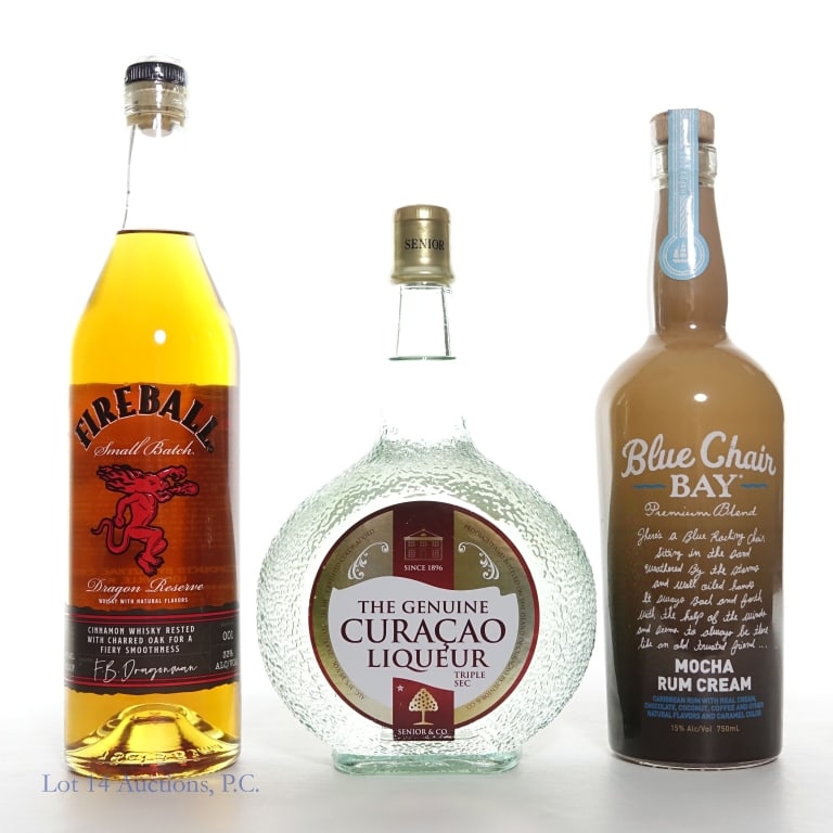 Fireball, Rum Cream & Curacao Triple Sec: Fireball Small Batch Dragon Reserve Whisky 66 Proof, 750ml; Blue Chair Bay Kenny Chesney Mocha Rum Cream 30 Proof, 750ml and Senior & Co The Genuine Curacao Liqueur ? Original Clear 62 Proof, 750ml.