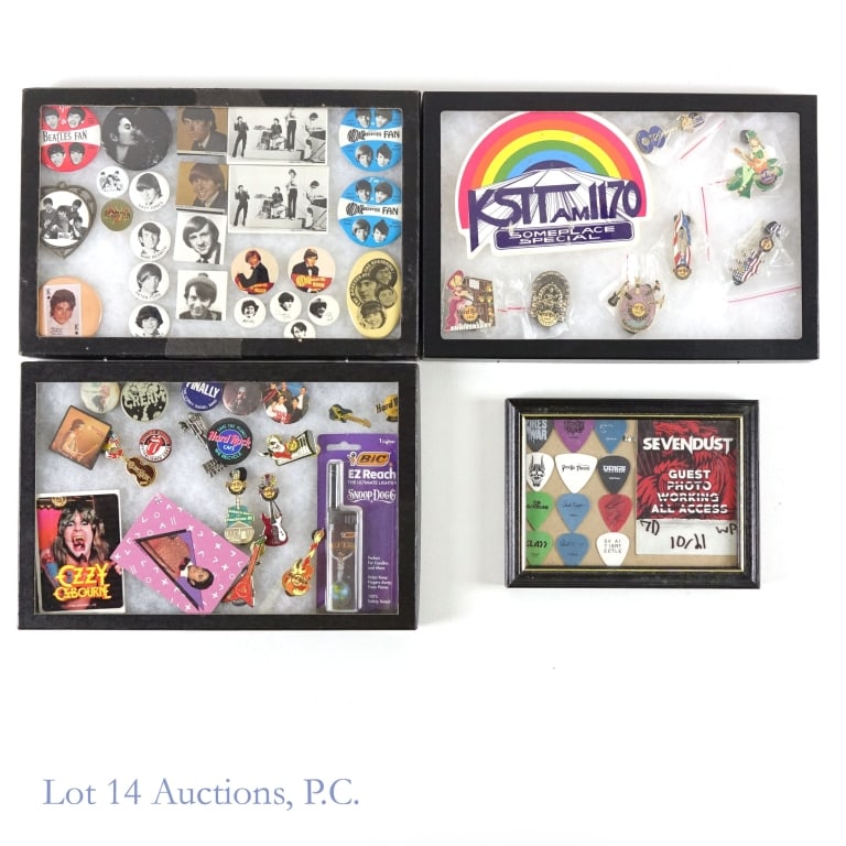 Music Pins, Buttons, Picks Beatles, Monkees: Collection of over 60 various music pins, buttons, guitar picks, memorabilia. Hard Rock Cafe, Beatles, Monkees. See photos for more details. Trays not included.