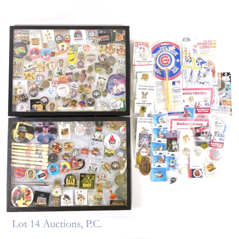 Various Sports Pins, Buttons, Collectibles: Collection of over 150 various sports pins, buttons, collectibles and souvenirs. See photos for details. Trays not included in the auction.