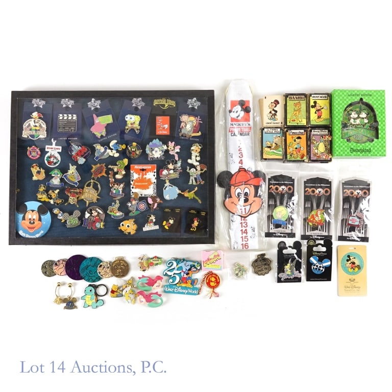 Disney Pins, Collectibles, Souvenirs: Collection of over 70 various Disney pins, collectibles and souvenirs. See photos for details. Trays not included in the auction.