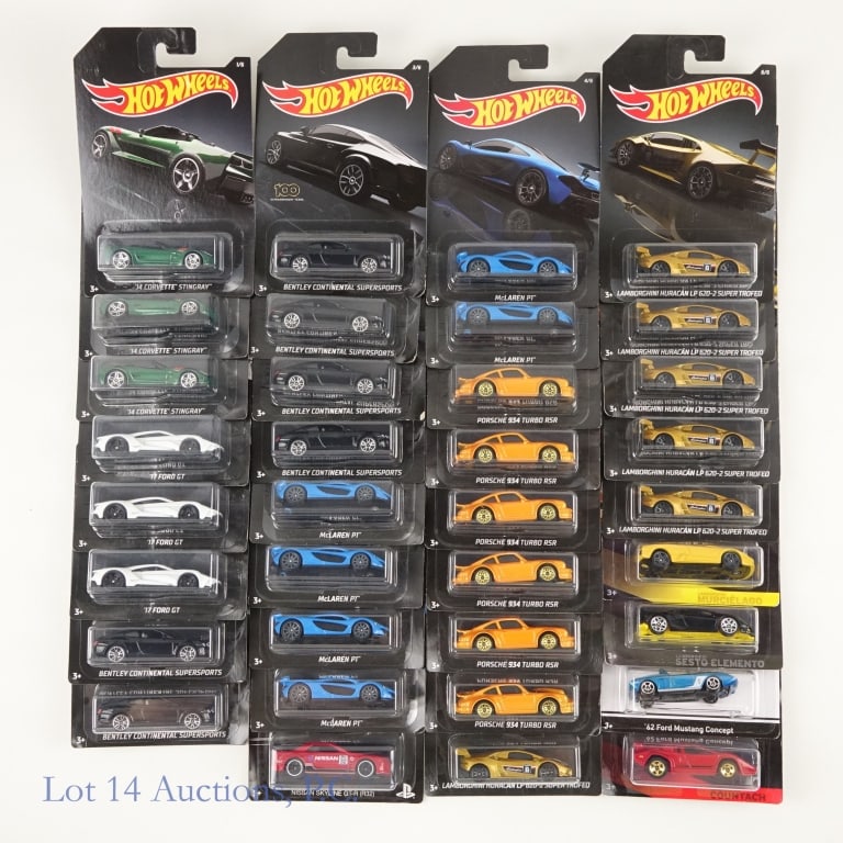 Hot Wheels (35): 35 Hot Wheels. All new in package. Repeats included. Includes: '14 Corvette Stingray, '17 Ford GT, Porsche 934 Turbo RSR, Bentley Continental Supersports, Lamborghini Huracan LP 620-2 Super Trofed, Mc