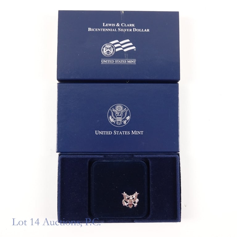 2004-P USA Silv Proof Lewis & Clark 200th Anniv $1: 2004-P United States silver proof Lewis and Clark 200th Anniversary commemorative dollar (Philadelphia Mint) in OGP with COA. Designer Donna Weaver. Per consigner, in GEM Proof condition. Metal is 90%