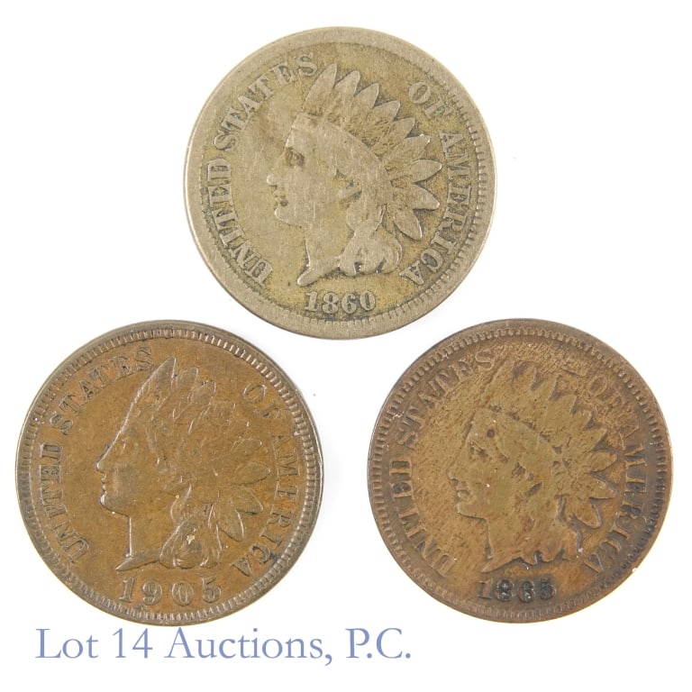 1860 - 1905 USA Indian Head Cents (3): Three (3) United States Indian head cents. Designer is James B. Longacre. Metal is 88% copper. Details, consigner grades and PCGS survival estimates (SE) as follows: ---1860 mintage 20,566,000 with SE